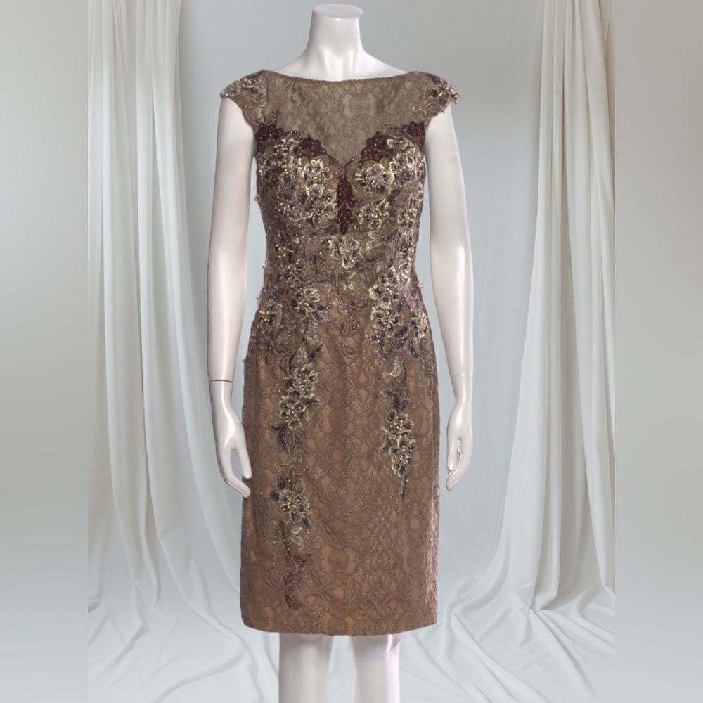 Jovani Tan Cap Sleeve Lace Embellished Dress